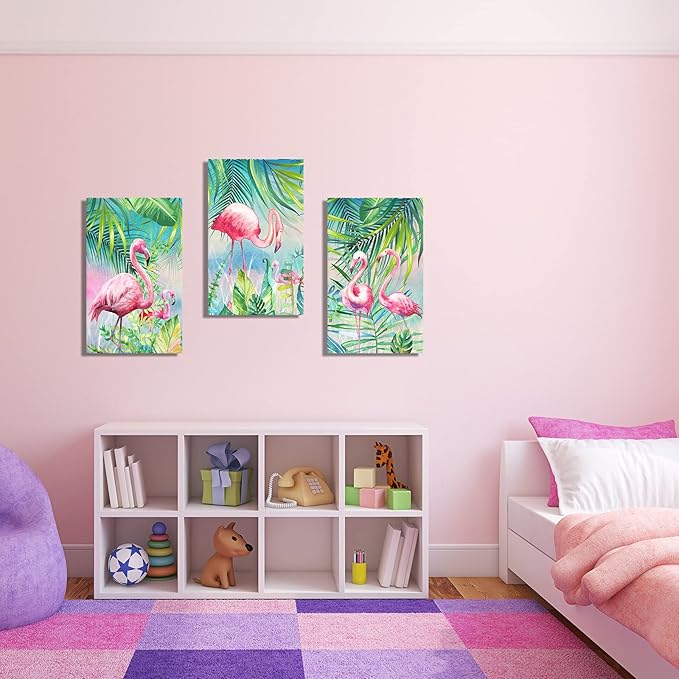 YUANAND Flamingo Wall Decor Animal Pictures - Palm Green Tropical Plant for Kids Girls Room Decor - Framed Posters Paintings Bedroom Decor
