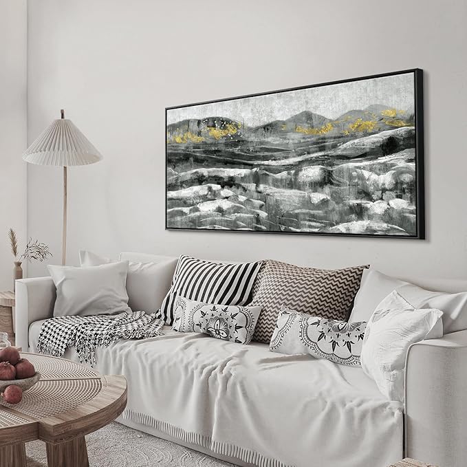 Black Framed Wall Art for Living Room Abstract Mountain & Sea Nature Landscape White Ocean Waves Picture Modern Minimalist Textured Seascape Painting Coastal Canvas Print Neutral Artwork 24x48inch