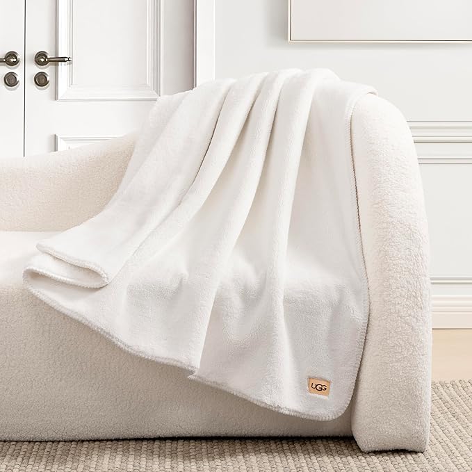 UGG Whitecap Plush Throw Blanket Fleece Lightweight Soft Cozy Throw for Couch or Bed Luxury Home Decor for Living Room Washable Hypoallergenic Blankets for Dorm Decor, 50-inch x 70-inch, White Snow
