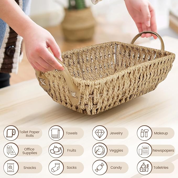 Paper Rope Woven Toilet Paper Basket, Small Wicker Storage Baskets for Organizing with Handles, Bedroom Decor Baskets Toilet Tank Shelf Storage Bins, 1pc Natural