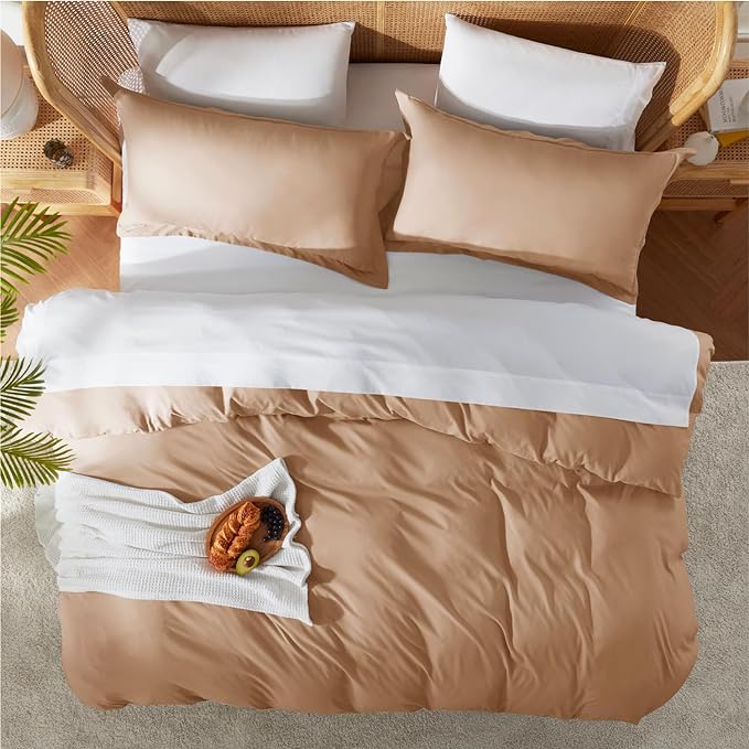 Nestl California King Duvet Cover Set with Comforter Insert - Mocha Brown 4 Piece 104x98 Duvet Cover & 2 Pillow Shams with White Quilted Down Alternative Comforter, Ultra Soft, All Season