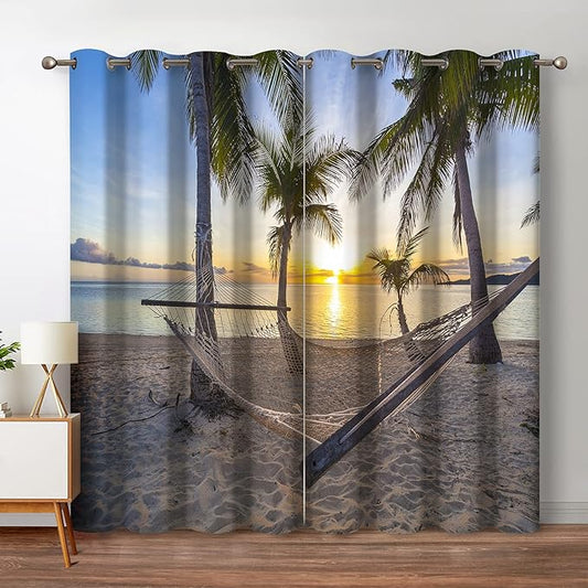 Jekeno Ocean Palm Trees Blackout Curtains Beach Sky Sunshine Seascape Decor for Bedroom Living Room Grommet Window Drapes 2 Panel Set, 42"x63"