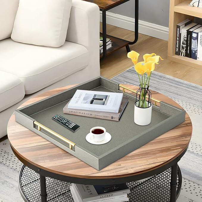 Faux Leather Serving Coffee Tray with Gold Handles,Gray Rectangle Decorative Trays for Home Decor Large Ottoman Tray for Living Room