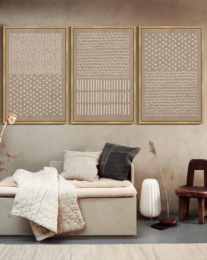 KUVIOKE Boho Mid-Century Modern Wall Art Framed Neutral Retro Minimalist Geometric Prints Rustic Bohemain Artwork Kitchen Dining Room 24x36in (Natural Framed)