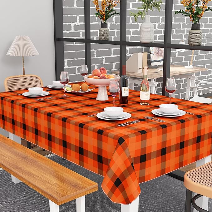 misaya Rectangle Waterproof Vinyl Table Cloth, Buffalo Flannel Backed Tablecloth, Wipeable Plastic Table Cover for Fall, Halloween (60" x 102", Black and Orange and Yellow)