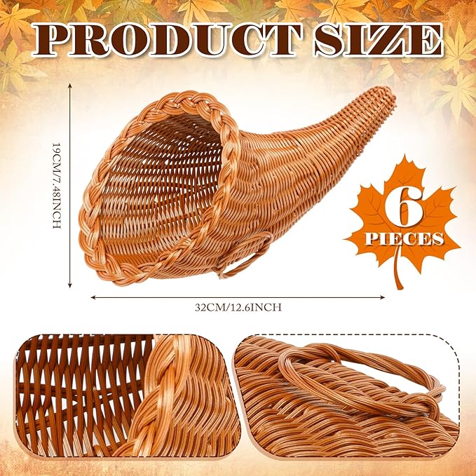 Dandat 6 Pcs Fall Cornucopia Basket 13.78 Inch Thanksgiving Horn of Plenty Autumn Table Decoration Harvest Cornucopia for Thanksgiving Table Centerpieces Fall Party Decorations
