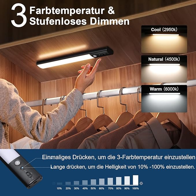 YELKO Motion Sen SOR Under Cabinet Light, 100LEDs 4200mAh Rechargeable Battery Closet Lights, Wireless Dimmable Motion Activated Night Lights for Kitchen Wardrobe Cupboard Stairs Hallway(1Pack)