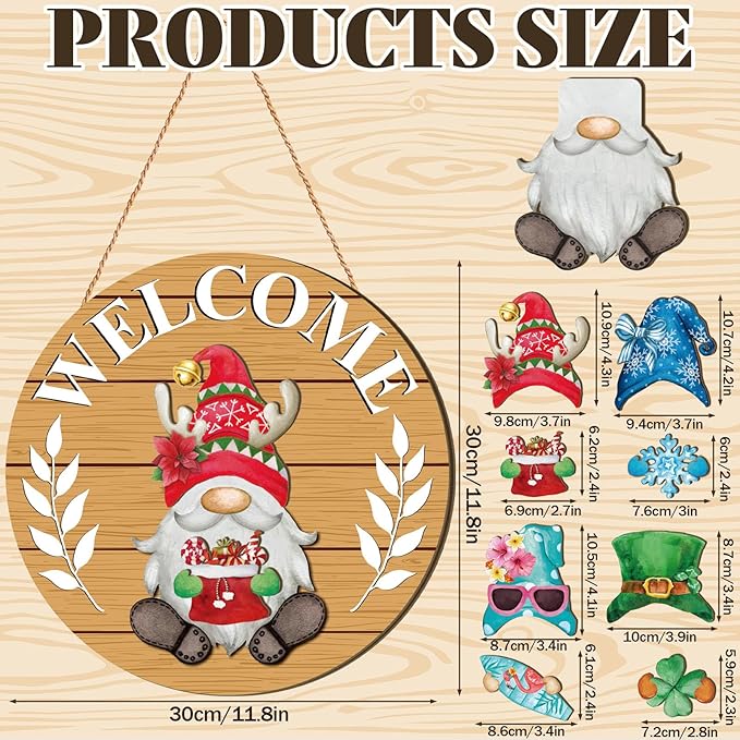 Qunclay Interchangeable Wooden Gnome Decor Holiday Seasonal Gnome Decorations with Magnet Pieces and Detachable Hats Changeable Welcome Sign for Home(Fresh Style)