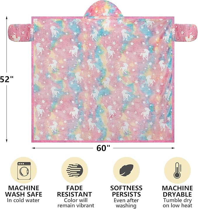 Unicorn Glow In The Dark Wearable Blanket For Girls- Soft Warm 52"X60" Flannel Fleece Unicorn Gifts For Girls Age 8-10, 6-8, 4-6, Hooded Throw Blanket Gift For Kids