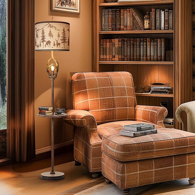 Antlers Style Metal Tray Floor Lamp with Night Light Rustic Standing Lamp with Linen Fabric Shade Farmhouse Vintage Floor Lamp Decor for Living Room Bedroom House Home Office (Bulb Included)