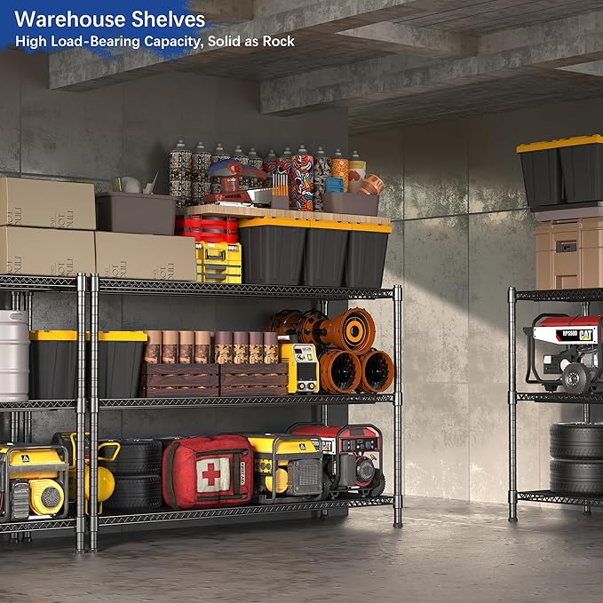Heavy Duty Shelving, 47.6" H Garage Shelving Unit with Leveling Feet, 3-Tier Adjustable Garage Storage Shelves Metal Rack, Industrial Shelving for Warehaouse Storage, 60" W x 24" D x 47.6" H, Black