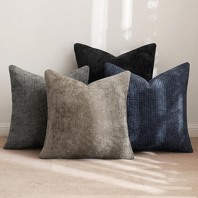 MIULEE Pack of 4 Couch Throw Pillow Covers 16x16 Inch Neutral Navy/Grey Soft Decorative Chenille Pillow Covers Farmhouse Accent Cushion Covers for Boho Home Decor Sofa Bedroom Living Room