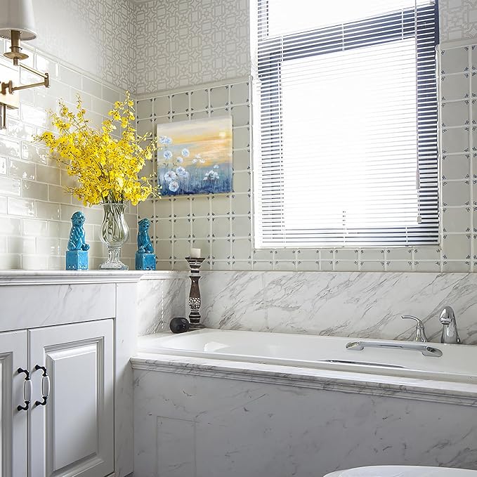 Bathroom Decor Wall Art Blue Ocean Sunset Seascape Painting Seaside Wildflowers Picture Abstract Coastal Canvas Print Natural Scenery Sunrise With Yellow Orange Sky Landscape Framed Artwork 14x14inch