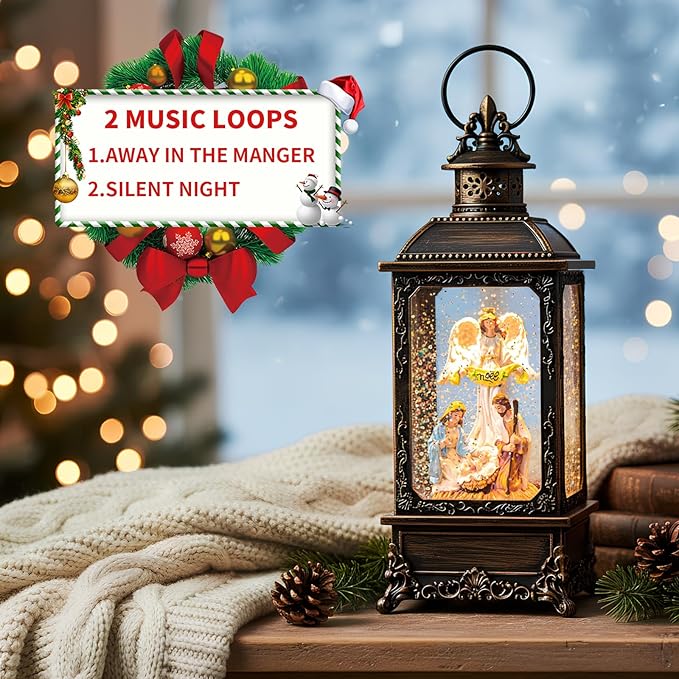 Christmas Snow Globes, Manger Snowflake Ball Nativity Scene, Silent Night Music Water Lantern, USB Powered & Battery, Holiday Decorations Gifts for Family, Children or Friend