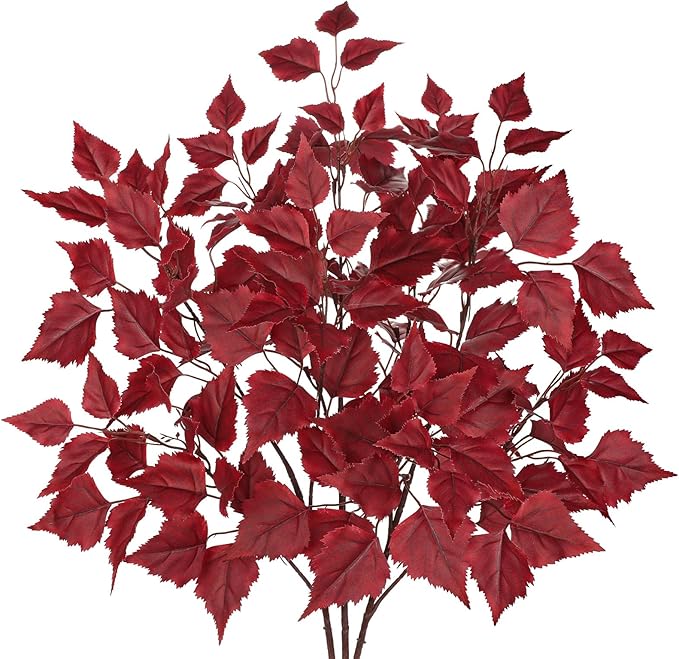 Hollyone 3Pcs Fall Artificial Birch Leaves with Stems 33" Silk Faux Burgundy Autumn Leaf Branches Spray Fake Fall Leaves Decorations for Home Vase Florals Thanksgiving Table Centerpieces Indoor Decor