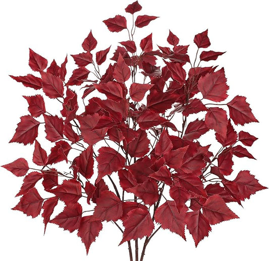 Hollyone 3Pcs Fall Artificial Birch Leaves with Stems 33" Silk Faux Burgundy Autumn Leaf Branches Spray Fake Fall Leaves Decorations for Home Vase Florals Thanksgiving Table Centerpieces Indoor Decor