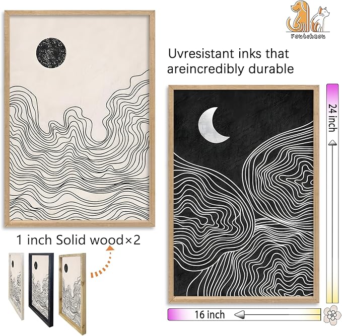 Black and White Sun Moon Boho Wall Art 16"x24" 2 Pieces Wooden Framed Mid Century Abstract Minimalist Home Sign for Living Room Bedroom Office Neutral Wall HangIing Decor (Wood)