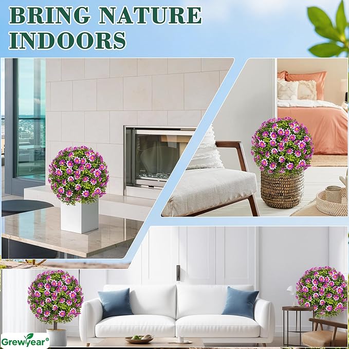 Set of 2 Artificial Topiary Ball Trees with Purple Mum, Faux Boxwoods for Outdoor Planters with Ground Spike, UV Resistant Artificial Outdoor Plants for Porch, Fake Bushes Round Shrub