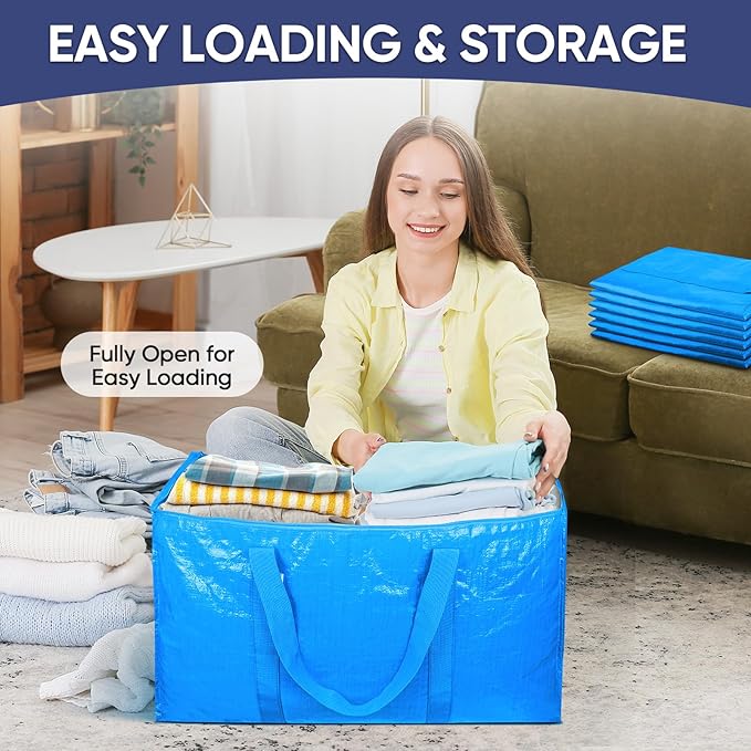 TICONN 6 Pack Extra Large Moving Bags with Zippers & Carrying Handles, Heavy-Duty Storage Tote Moving Boxes for Space Saving (6 Pack, Sky Blue)