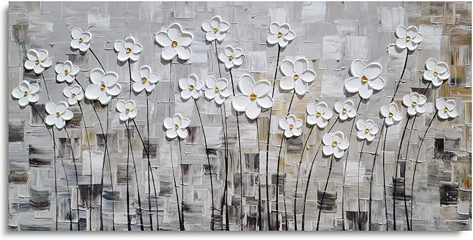 Yihui Arts Flower Canvas Wall Art Hand Painted Large 3D Grey and White Paintings Modern Abstract Aesthetic Pictures Artwork for Living Room Bedroom Kithchen Decoration