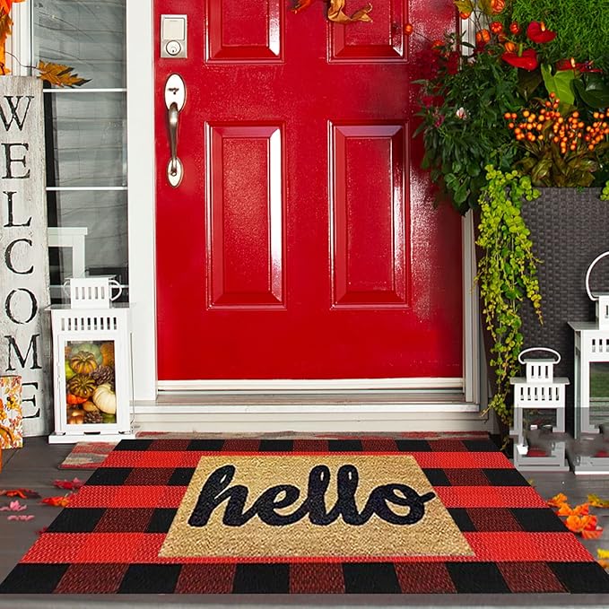 SEEKSEE Cotton Buffalo Plaid Rug 27.5"x43" Black and Red Checked Rug Washable Doormats Indoor Outdoor Rugs for Layered Front Door Mats, Porch, Kitchen, Farmhouse, Entryway