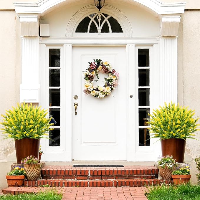 Artificial Plants Outdoor, 20 Bundles Fake UV Resistant Monkey Grass with Flowers for Pot Garden Decor, Outdoor Faux Plants Window Verandah Office Patio Planter Pathway Front Porch(Yellow)
