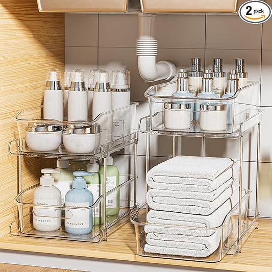Delamu 2 Sets of 2-Tier Clear Under Sink Organizers and Storage, Multi-Purpose Stackable Bathroom Cabinet organizers, Pull Out Kitchen Pantry Organization and Storage with Dividers