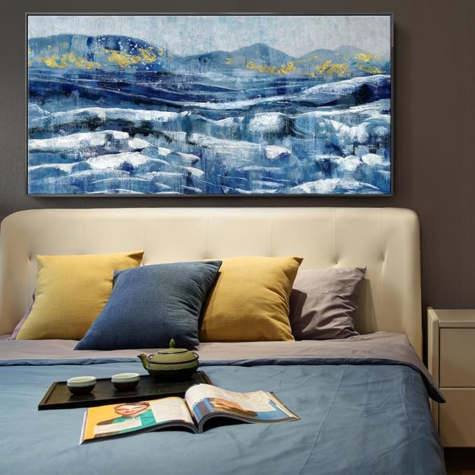 Framed Wall Art for Living Room Blue Black Yellow Abstract Mountain Peaks Canvas Print Sea Landscape Painting White Ocean Waves Textured Picture Modern Minimalist Seascape Coastal Artwork 30x60inch