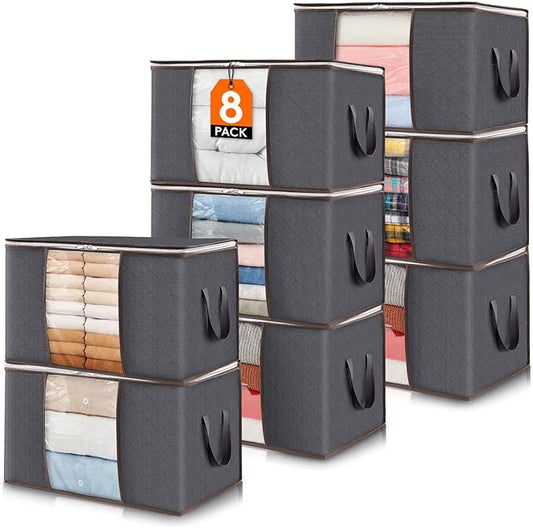Lifewit 8 Pack Foldable Clothes Storage Bins with Lids, Gray, Non-woven Fabric, Rectangular, Sturdy Zipper, Reinforced Handle, 21.6" x 13.7" x 12.4", 60L Capacity Each, Ideal for Clothes and Bedding