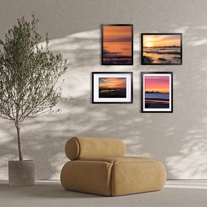 Egofine 12x16 Picture Frames Set of 4, Made of Solid Wood Covered by Plexiglass 9x12 and 11x14 with Mat or 12x16 without Mat, for Wall Mounting Photo Frame Black