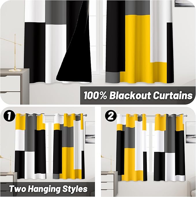 Yellow 100% Blackout Curtains 45 inch Length 2 Panels Set Black White Grey Modern Abstract Geometric Drapes for Kitchen Black Out Curtains Insulated Room Darkening Small Window Curtains, 52Wx45L