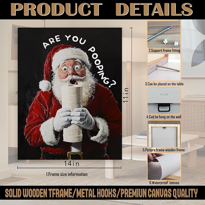 FITIE Black Christmas Santa Bathroom Canvas Wall Art Poster, Funny Are You Pooping Holiday Winter Christmas Framed Artwork Prints Wall Decor for Bathroom Washroom Restroom Toilet, 11x14 Inch