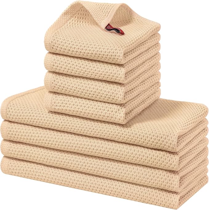 Homaxy 100% Cotton Kitchen Towels and Dishcloths Set, 12 x 12 Inches and 13 x 28 Inches, Set of 8 Bulk Kitchen Towels Set, Ultra Soft Absorbent Dish Cloths for Washing Dishes, Apricot
