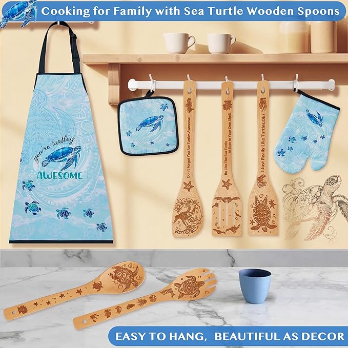 Sea Turtle Gifts for Women,8PCS Coastal Bamboo Cooking Utensil Spoon with Apron Oven Mitt Potholder for Kitchen Decor,Ocean Themed Stuff for Turtle Lovers,Mom,Housewarming,Birthday Gifts