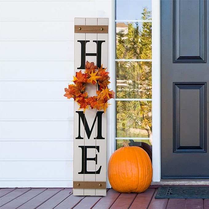 Glitzhome Wooden Welcome Home Porch Sign with Interchangeable Wreaths for Front Door, Vertical Farmhouse Standing Home Sign, Hanging Wall Sign for Year Spring Fall Thanksgiving Christmas, 42”H, White