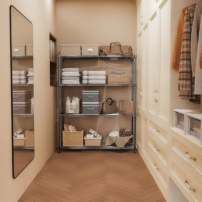 1400 lbs 4 Tier Storage Rack Metal Wire Shelving Unit, Storage Standing Household Shelf Organizer for Kitchen Pantry Closet Garage Basement Utility Room, Black 15.8" D x 45.3" W x 59.4" H