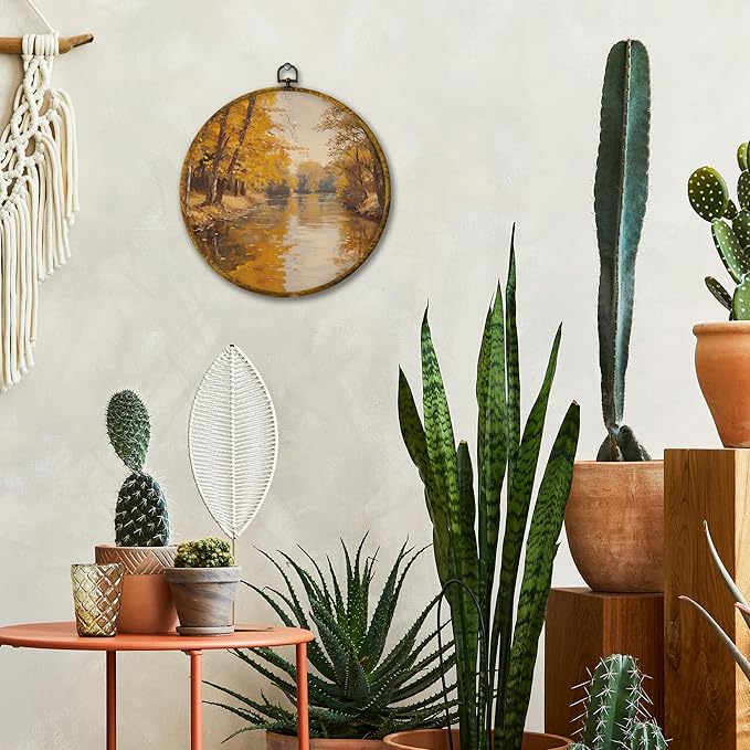 Mcehtle Vintage Fall Wall Art Decor, Rustic Nature Autumn Tree Landscape Framed Canvas Prints 10x10, Farmhouse Fall Seasonal Round Wall Hanging Artwork Decorations for Bedroom Living Room Home