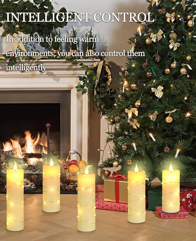 Da by Flickering Flameless Candles with String Lights, Battery Operated Candles with Remote and Timer, LED Pillar Candle Real Wax,5 Pack-Ivory White