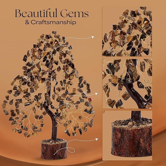 Tiger Eye Gemstone Tree, Crystal Tree, Home Decor, Birthday Gifts for Women, Office Desk Decor, Bonsai Trees for Positive Energy, Crystals & Healing Stones Fake Plants, Office Desk Accessories 10-12"