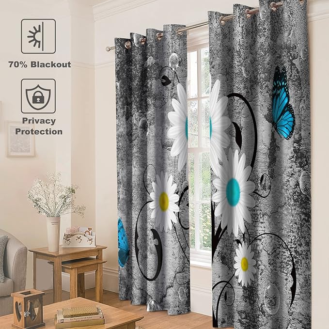 Jekeno Floral Blackout Curtains White Wild Chrysanthemum Flower Butterfly Home Bedroom Living Room Decor Plant Theme Darkening Grommet Window Drapes 2 Panel Set, 52"x84"