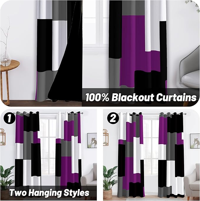 Purple 100% Blackout Curtains for Bedroom 108 inch Extra Long 2 Panels Set Black White Grey Modern Abstract Geometric Black Out Curtains Room Darkening Window Drapes for Living Room, 52Wx108L