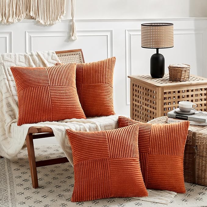 Fancy Homi Set of 4 Burnt Orange Decorative Throw Pillow Covers 20x20 Inch for Living Room Couch Bed, Boho Farmhouse Fall Home Decor, Soft Cross Corduroy Patchwork Textured Cushion Case 50x50 cm