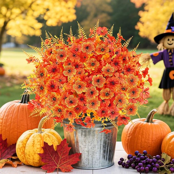 16PCS Artificial Fall Flowers for Outdoors, Realistic Faux Silk Flowers with Eucalyptus & Ferns, Fake Plants for Outside Planter, Patio, Porch, Garden Decor(Mixed)