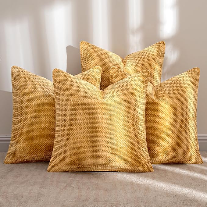 MIULEE Pack of 4 Couch Throw Pillow Covers 18x18 Inch Gold Soft Decorative Chenille Pillow Covers Farmhouse Accent Cushion Covers for Boho Home Decor Sofa Bedroom Living Room