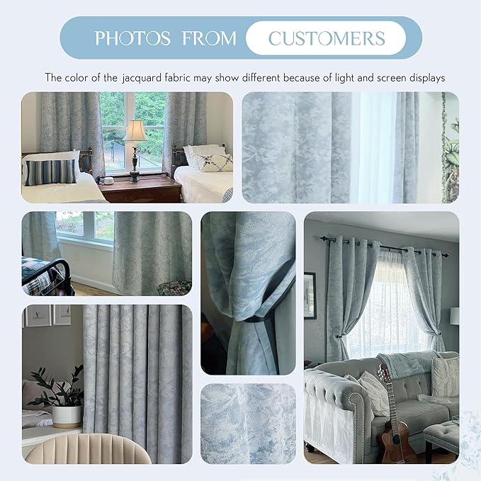 Beauoop Blue Floral Jacquard Blackout Curtains 96 Inches Long 2 Panels for Bedroom Living Room Chenille Flower Room Darkening Thermal Insulated Soundproof Grommet Window Treatments Drapes, 52x96