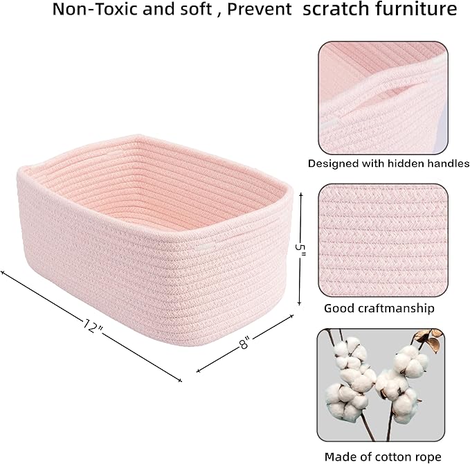 Small Woven Storage Baskets 12“X8”X5“ Decorative Rope Bins for Organizing Shelves, Closets, and Toys, Empty Gift Baskets, Cute Organizer Basket for Home and Office (pink, regular)
