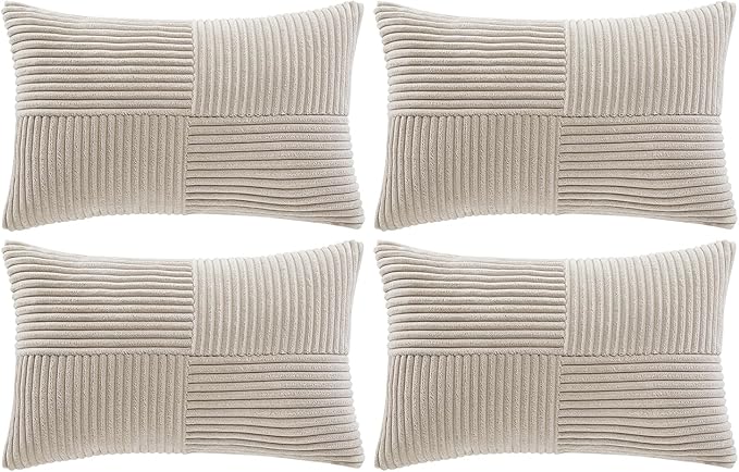 Fancy Homi 4 Packs Neutral Taupe Lumbar Decorative Throw Pillow Covers 12x20 Inch for Living Room Couch Bed Sofa, Farmhouse Home Decor, Soft Striped Corduroy Rectangle Accent Cushion Case 30x50 cm
