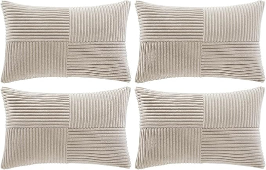 Fancy Homi 4 Packs Neutral Taupe Lumbar Decorative Throw Pillow Covers 12x20 Inch for Living Room Couch Bed Sofa, Farmhouse Home Decor, Soft Striped Corduroy Rectangle Accent Cushion Case 30x50 cm