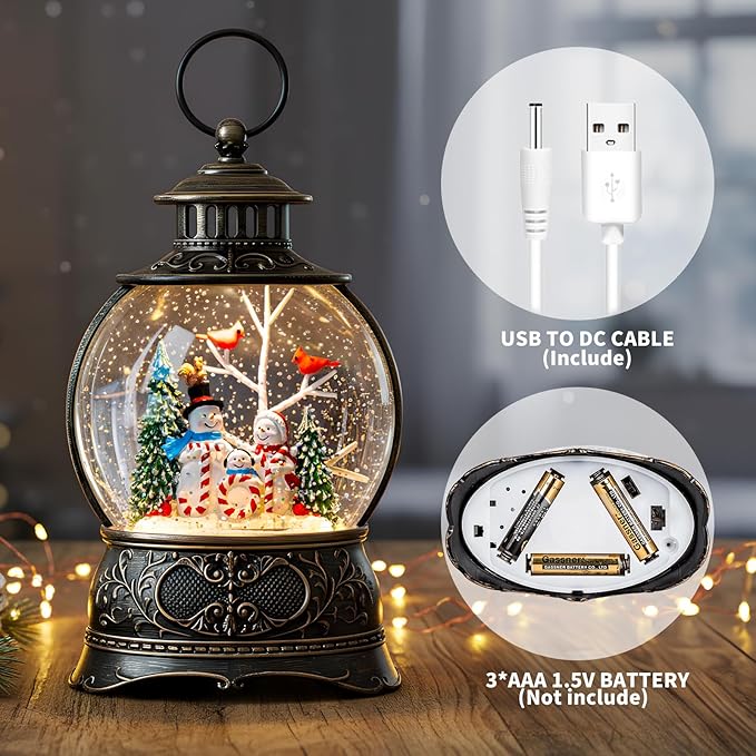 Christmas Snow Globe Lighted Snowman Family&Cardinal Scene, Musical Snow Water Lantern Swirling Glittering Home Decoration and Gift, Battery Operated or USB Powered