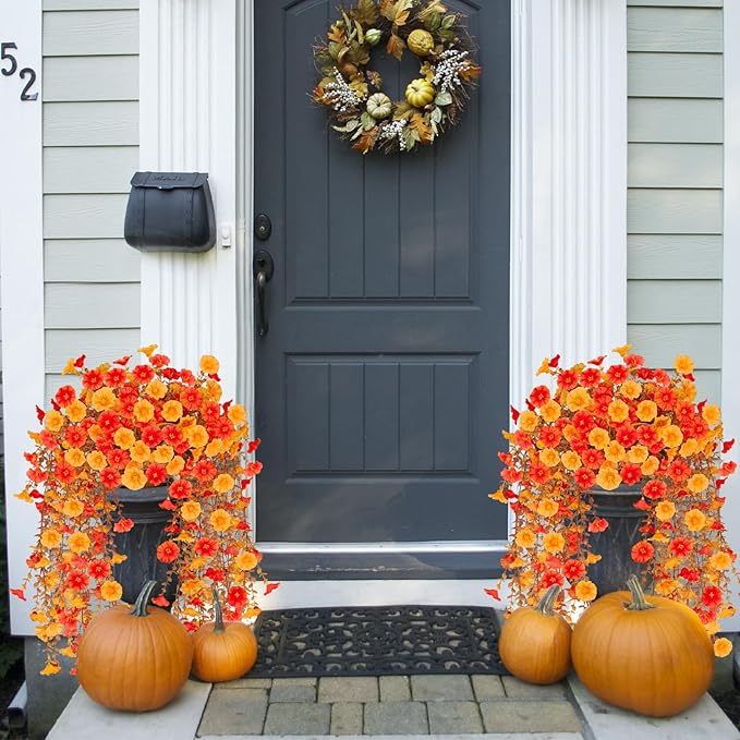 2 Pcs Artificial Hanging Flowers for Outdoor Fall Decoration, 2 Pcs UV Resistant Fake Fall Morning Glory Flowers Faux Petunias for Home Front Door Patio Decor (Orange Yellow)